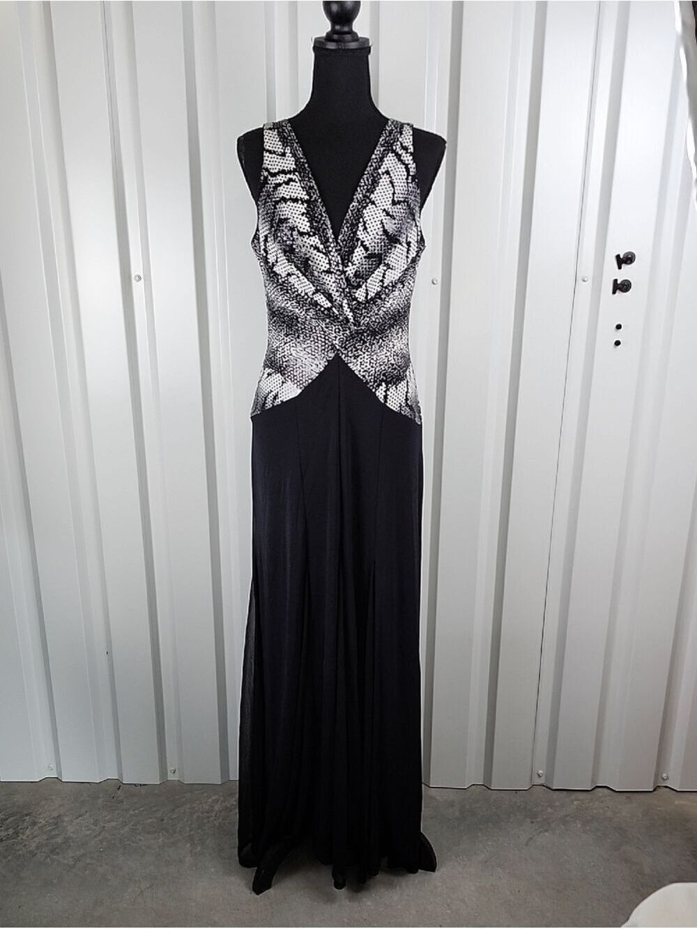 Joseph Ribkoff Couture Womens Vintage Black White V-Neck Maxi Dress Size 10 Gown